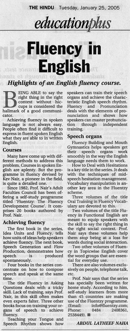 Scanned image of an Article in The Hindu Education Plus about Prof. Kev Nair's English Fluency Books titled Highlights of an English Fluency Course